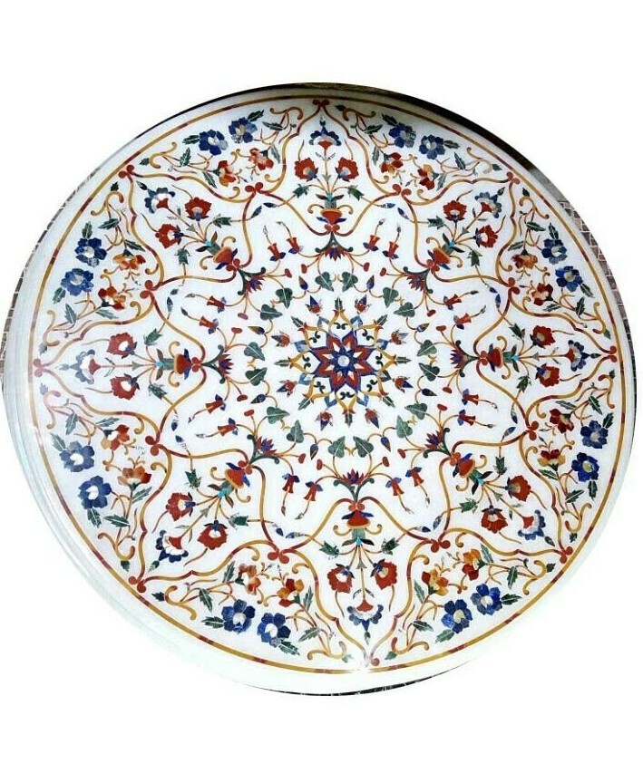 42-Inch Semi-Precious Stone Inlay Marble Coffee Table Top with Handcrafted Art