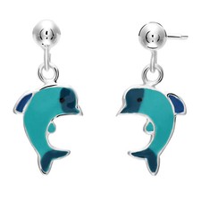 925 Sterling Silver Baby Dolphin Dangle Enamel Sleeper Studs Earrings Pushback