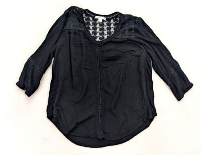 John Paul Richard Women's Top Size L Black Peasant Bohemian 3/4 Sleeve