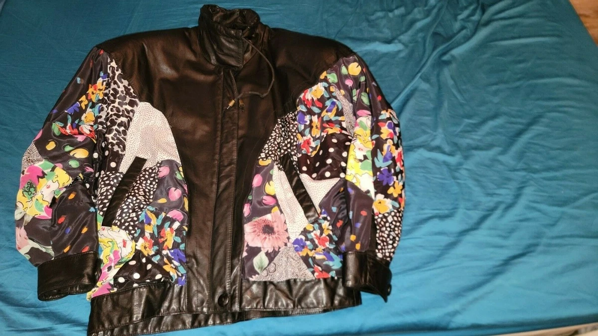 Vintage Avanti Fino Jacket Womens Small Floral Patchwork Leather size S Black