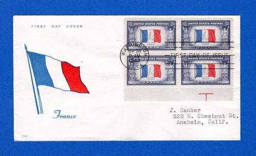 Scott 915 5c France Overrun Nations FDC by Fidelity Planty 2 Block of Four