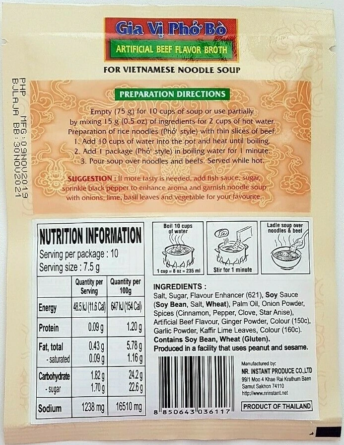 10 x BEEF PHO Flavor Broth for Vietnamese Noodles Soup (Gia vi Pho Bo) 75g