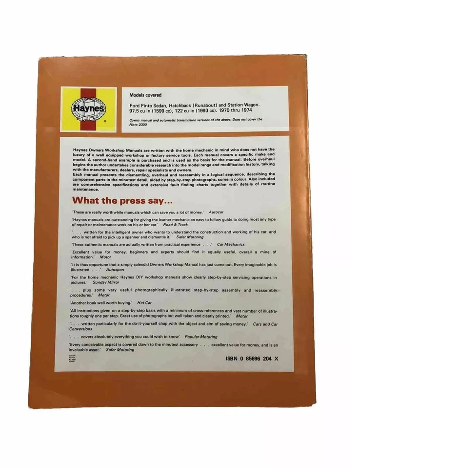 Ford Pinto Haynes 1970-1974 manual de taller taller taller libro de servicio Foto 2 de 4