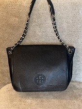 TORY BURCH BLACK PEBBLED LEATHER MARION FLAP BAG WITH CHAIN HANDLE