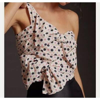 Maeve Anthropologie 12 One Shoulder Bow Tie Top Shirt Pink Black Polka Dot Fairy