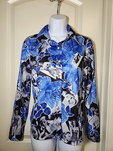 Vintage Together! Movie Starlet Blue Rose Dagger Collar Shirt USA Size L Marilyn - Picture 2 of 12