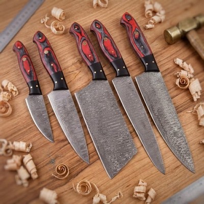 Damascus Chef Knife Set Handmade Kitchen Knives Hand Forged Steel 5pc Cleaver
