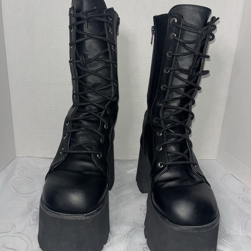 DEMONIA ASHES-105 Women's Chunky Heel Platform Black Lace-Up Mid Calf Boots - 第 1/17 張圖片
