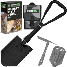 RHINO USA Folding Survival Shovel W/Pick - Heavy Duty Carbon Steel Military Styl