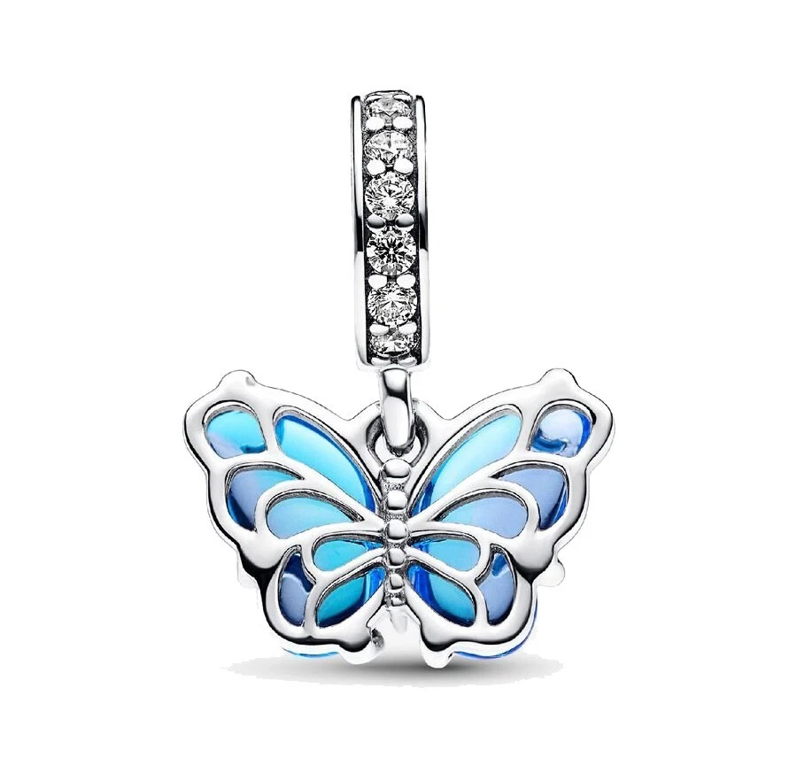 Collar Pulsera Pandor Azul Cristal Murano Mariposa Colgante Dije Ajuste Foto 2 de 3