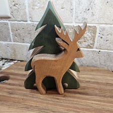 Rustic Wood Carved Napkin Holder Pine Tree  Deer/Elk 8" Tall Cabin Kitchen