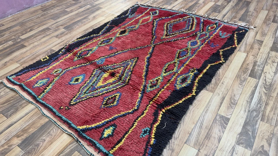 Vintage Moroccan Berber Rug – Handmade Wool Carpet – Red Tribal Geometric Diamon - Image 4 of 4