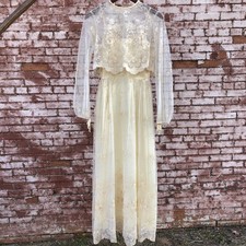 VTG 70s Lace Wedding Dress Womens 10 Cream Maxi Sheer Shrug Victorian Style USA