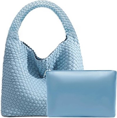 Damen Vegan Leder geflochten Beuteltasche Handtasche Schulter Top Henkeltasche, himmelblau