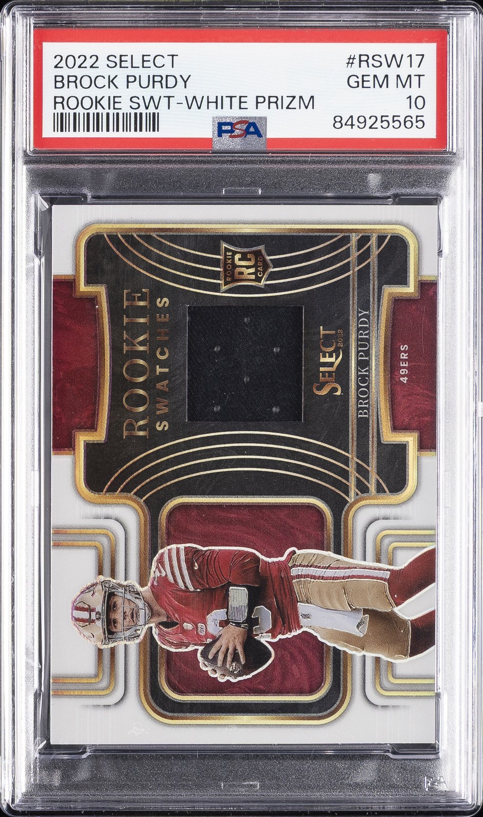 2022 PANINI SELECT ROOKIE SWATCHES WHITE PRIZM #RSW17 BROCK PURDY 18/75 PSA 10