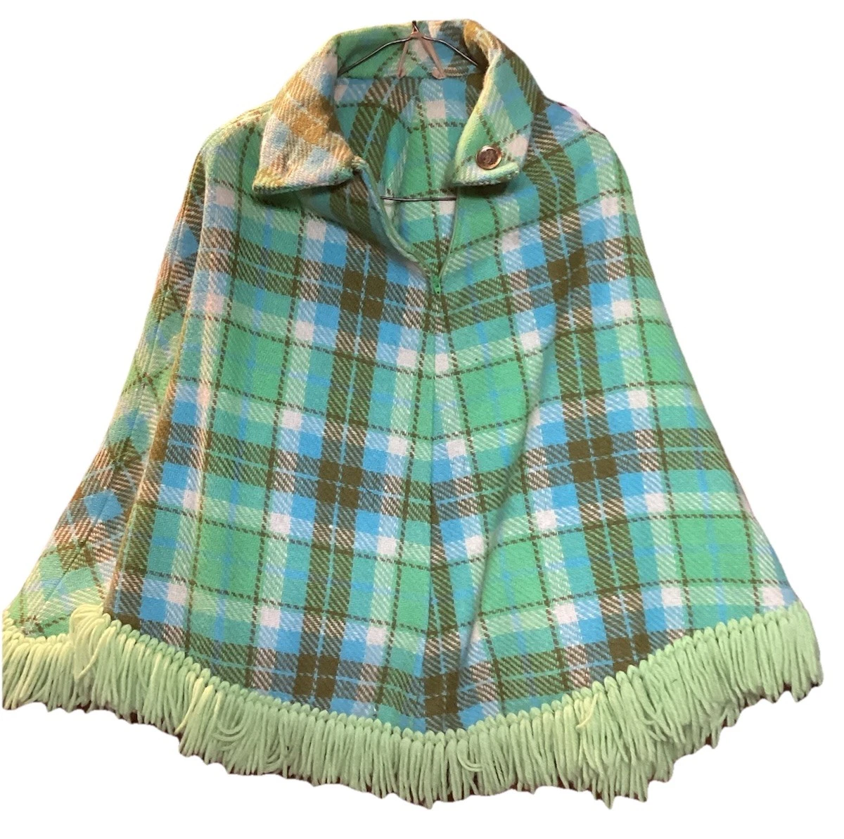 Shawl Cape Coat Green Plaid Fringe Polyester Wool Knit Vintage Handmade 70s