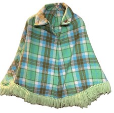 Vintage Green Plaid Fringe Polyester Cape Poncho Shawl Wool Knit Handmade 70s