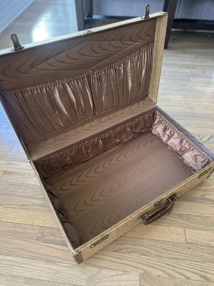 Maleta Maletero 1940 Tweed Cuero Borde Mango Raro De Colección Eagle Lock Co Foto 3 de 4