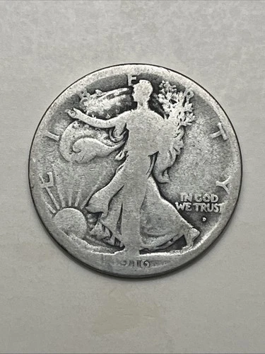 1916-D Denver Walking Liberty Half Dollar US 50c Silver Coin, Obverse Mint Mark
