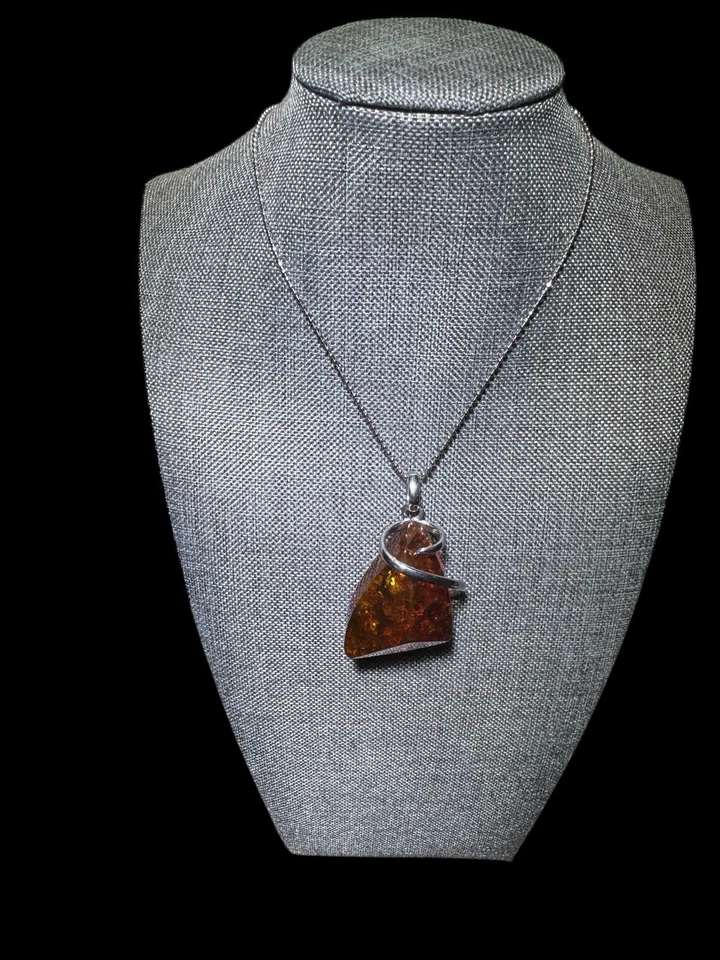 VINTAGE STERLING SILVER 925 GENUINE BALTIC AMBER PENDANT NECKLACE ART DECO - Image 3 of 4