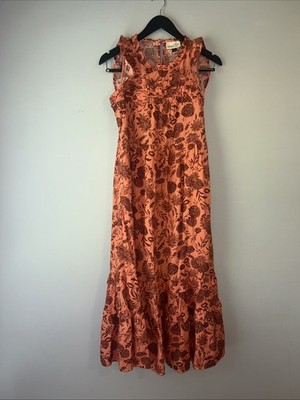 Universal Thread Floral Midi Dress Pockets Orange Brown Boho Ruffle Tiered