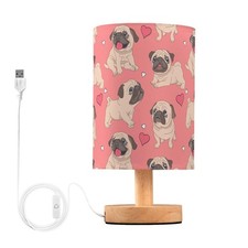 Table Lamp Pugs Puppy Heart on Pink Nightstand Lamp with Wood Base Fabric Lam...