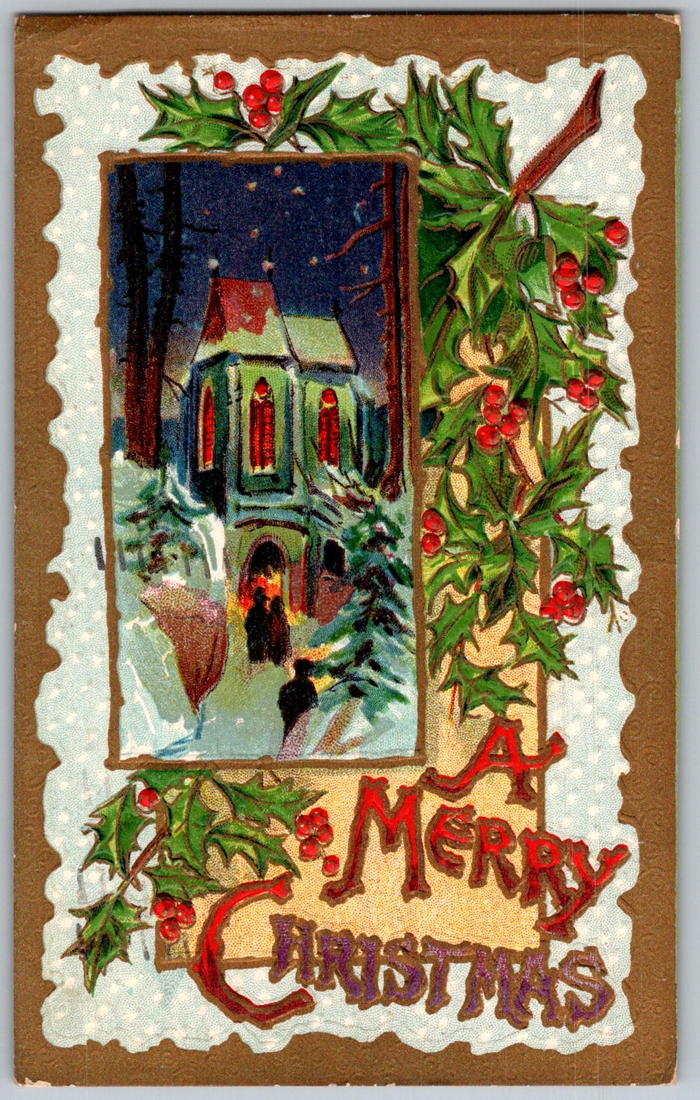 Antique Postcard Christmas Church Scene Holly Buffalo, NY 1910s