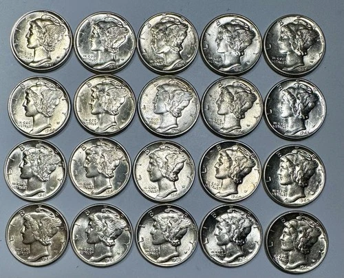 1939 - 1945 Mercury 10c Silver Dimes Brilliant UNC Lot of 20