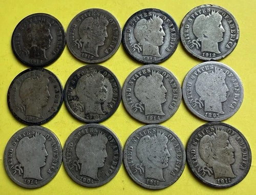 Lot of 12 circulated Barber Dimes - various dates 1897-1914
