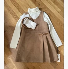 Rachel zoe Girls Dress Set Faux Suede Tan Jumper With Cream Turtleneck 7