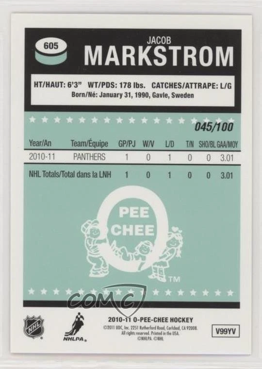 2011-12 O-Pee-Chee Black Rainbow Retro /100 Jacob Markstrom #605 - Image 2 of 2