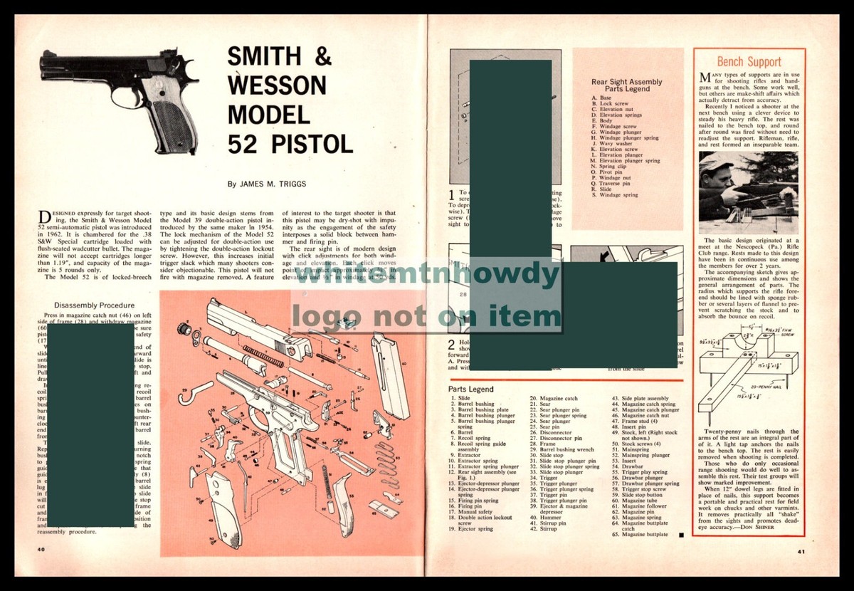 1962 SMITH & WESSON 52 Pistol Schematic Parts List Disassembly