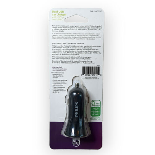 Philips Elite Dual USB Car Charger with USB-A & USB-C 25.5 watt 4X More Power - Picture 2 of 3