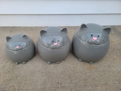 Set Of 3 Fat Gray Cat Ceramic Jars Canisters - Max, Coco, And Maru