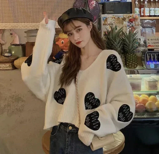 Heart sweater patch embroidery white vneck long sleeve womens ￼harajuku - Image 4 of 4