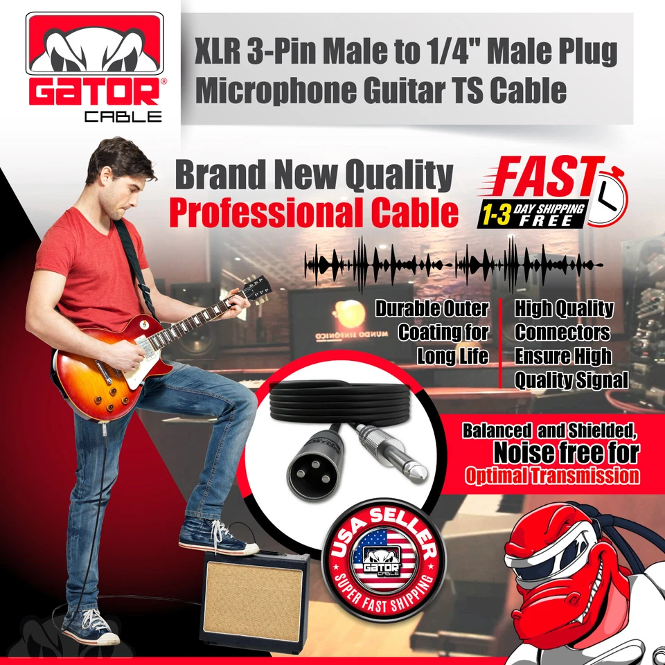 XLR 3-Pin Male to 1/4” TS Mono Cable Unbalanced Shielded Mic Audio Cord Stereo - Image 3 of 4