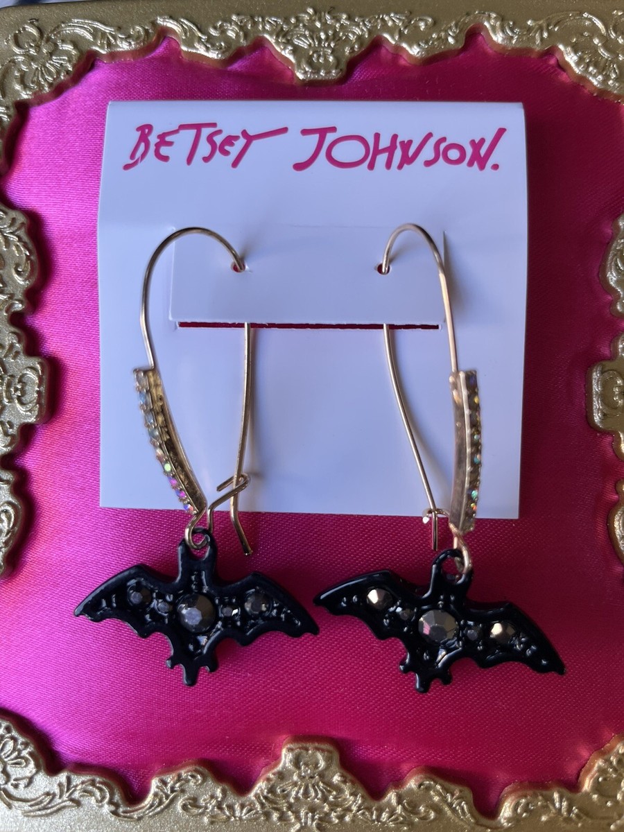 Betsey Johnson Just Treats Black Enamel Bat Hematite Crystal AB Hook  Earrings
