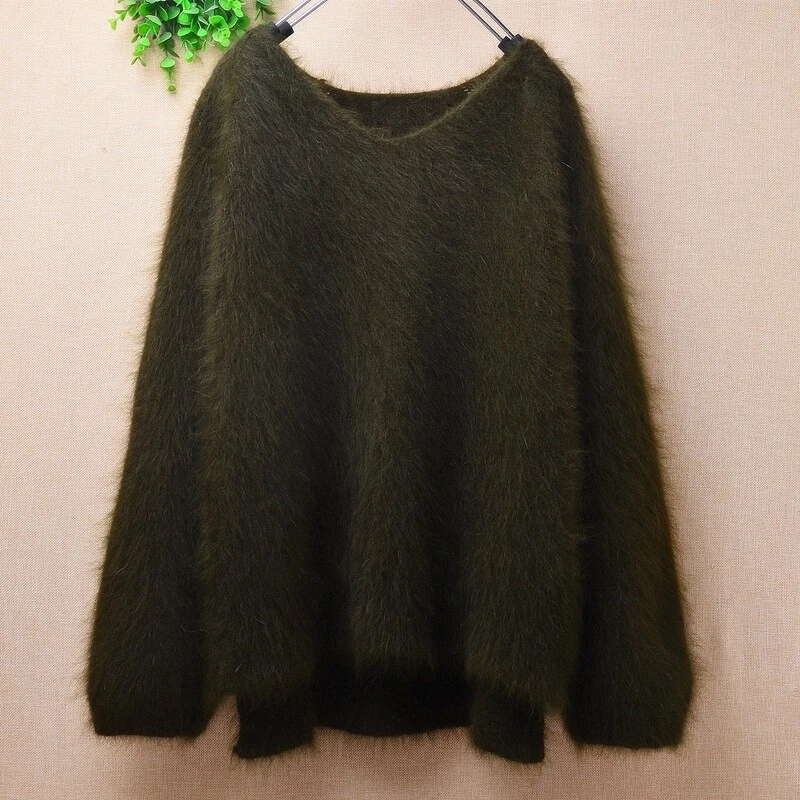 Mink cashmere mohair angora knit olive green fluffy v neck sweater jumper lux