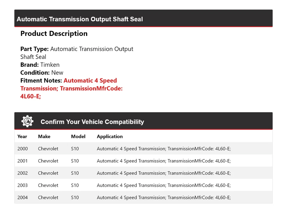 For 2000-2004 Chevrolet S10 Automatic Transmission Output Shaft Seal Timken 2001 - Image 2 of 4