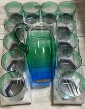 NEW Plastic 52 oz Pitcher & 12 Plastic 10 oz Tumblers Clear w/Blue Green Hue