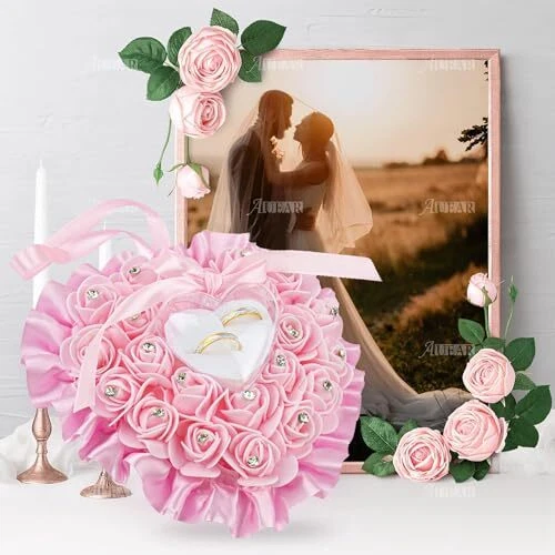  Цветок свадьбы сердце кольцо подушки с шикарный атласной кружева кристалл розовый - Изображение 3 из 4