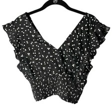 Polka Dot Ruffle Sleeve Crop Top V-Neck Black and White Blouse A33