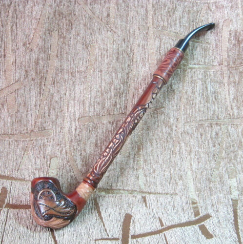 TOBACCO SMOKING PIPE FLAG WHEEL EXTRA LONG STEM CARVED WOODEN HAND MADE