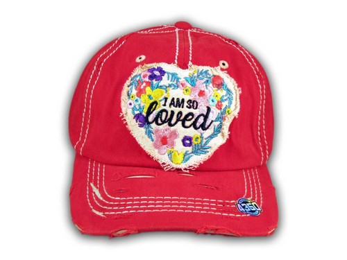 Red I Am So Loved Vintage Washed and Distressed Baseball Cap - Picture 2 of 4