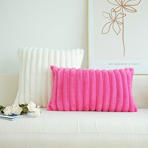 Pack of 2 Faux Fur Plush Decorative Throw Pillow Covers 12 x 20-Inch Hot Pink - Picture 3 of 6
