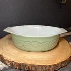 New ListingVintage PYREX Oval 1-1/2 qt Au Gratin Dish #043 SAGE GREEN & GOLD SCROLL No Lid
