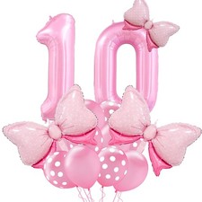 Pink Birthday Balloons, Bow Balloons Pink 10 Balloon Number 40 Inch, 10th Bir...