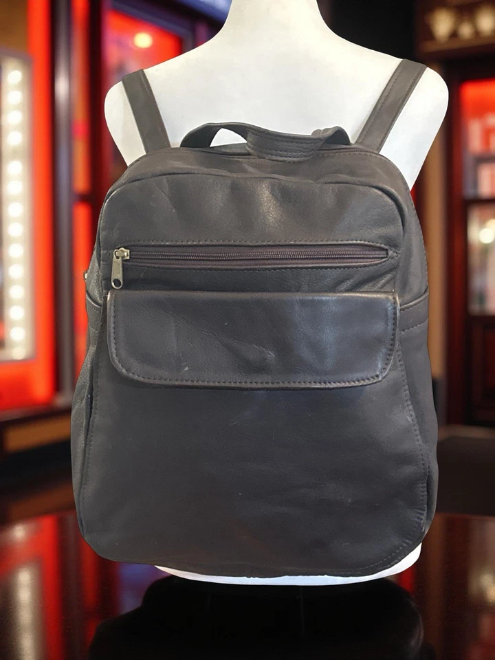 Mochila de cuero genuino suave marrón oscuro compartimentos con cremallera 12" x 14” sin marca Foto 3 de 4