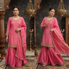 Designer Wedding Wear Pink Chinnon Silk Kurta Palazzo With Dupatta For Women