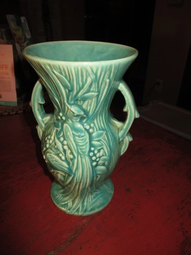 Vintage McCoy 1940's Bird's of Paradise Turquoise Vase Stamped Marked 8"